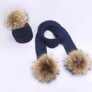 Girl Pompon Hats and Scarves Sets Winter Knitted Warm Nature Fur Pom Pom Hat Scarf Thick Beanies Hats Caps Kids Baby Solid Bones