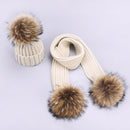 Girl Pompon Hats and Scarves Sets Winter Knitted Warm Nature Fur Pom Pom Hat Scarf Thick Beanies Hats Caps Kids Baby Solid Bones