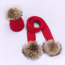 Girl Pompon Hats and Scarves Sets Winter Knitted Warm Nature Fur Pom Pom Hat Scarf Thick Beanies Hats Caps Kids Baby Solid Bones