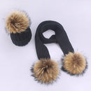 Girl Pompon Hats and Scarves Sets Winter Knitted Warm Nature Fur Pom Pom Hat Scarf Thick Beanies Hats Caps Kids Baby Solid Bones