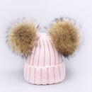 Girl Pompon Hats and Scarves Sets Winter Knitted Warm Nature Fur Pom Pom Hat Scarf Thick Beanies Hats Caps Kids Baby Solid Bones