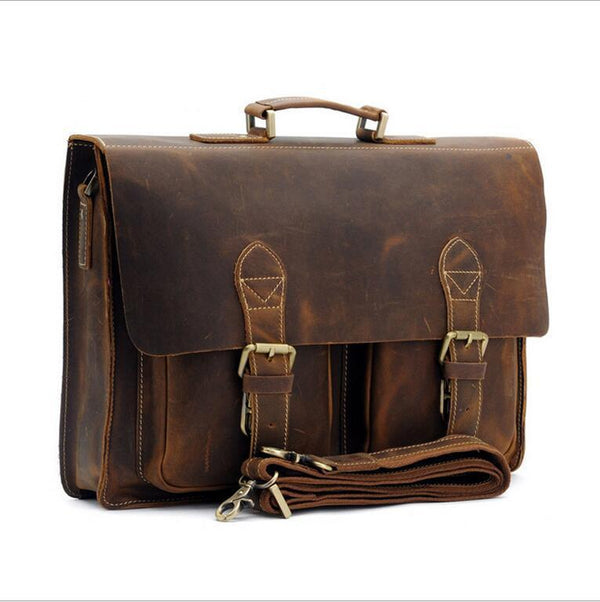 Retro Briefcase Bag Crazy Horse Leather Multi-Pocket 15.6 Inch Cowhide Handbag Crossbody Laptop AExp