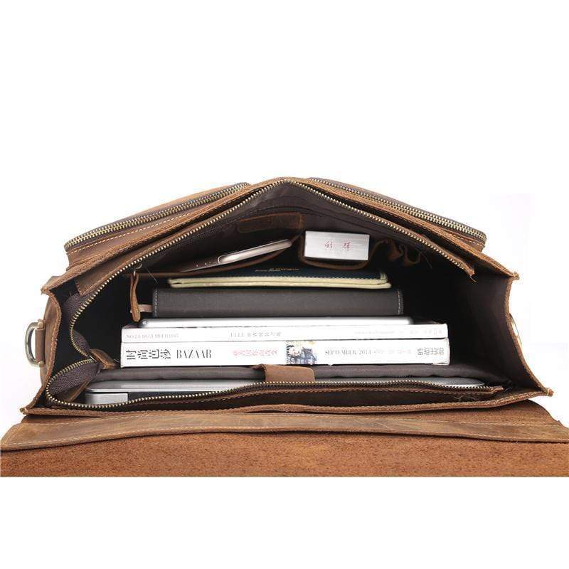 Retro Briefcase Bag Crazy Horse Leather Multi-Pocket 15.6 Inch Cowhide Handbag Crossbody Laptop AExp