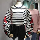 Roses Embroidery Lantern Sleeve Loose Striped Women Sweatshirt AExp