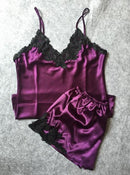 sexy women's lace silk satin pajamas sets free shipping 2016 new design short pants pyjamas sets V-neck suspenders pijamas sets-As the photo show 4-M-JadeMoghul Inc.