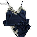 sexy women's lace silk satin pajamas sets free shipping 2016 new design short pants pyjamas sets V-neck suspenders pijamas sets-As the photo show-M-JadeMoghul Inc.