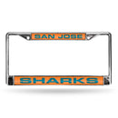 SHARKS ® LASER CHROME FRAME - ORANGE BACKGROUND WITH AQUA LETTERS-FCL Chrome Laser License Frame-JadeMoghul Inc.