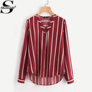 Sheinside Red Striped Work Shirt V-Placket Curved High Low Office Blouse Women Long Sleeve Casual Tops Summer Ladies Blouse AExp