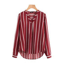 Sheinside Red Striped Work Shirt V-Placket Curved High Low Office Blouse Women Long Sleeve Casual Tops Summer Ladies Blouse AExp