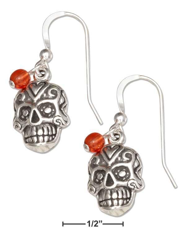 Silver Earrings Sterling Silver Mexican Sugar Skull Dangle Earrings With Orange Czech Glass Beads JadeMoghul