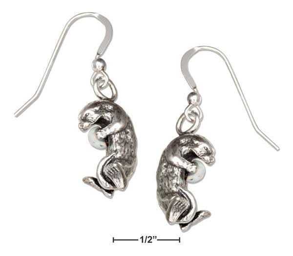 Silver Earrings Sterling Silver Sea Otter With Synthetic Opal Chip Dangle Earrings On French Wires JadeMoghul