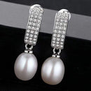 Women Vintage Style Fashion Geometric Design Oval Natural Pearl Silver Earrings