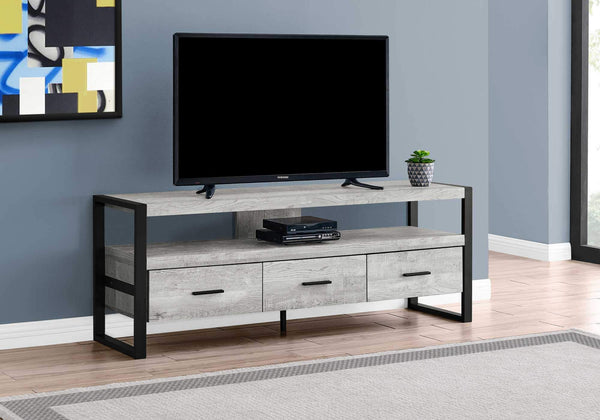 Stands Black TV Stand - 21.75" Grey Particle Board, Hollow Core, & Black Metal TV Stand with 3 Drawers HomeRoots