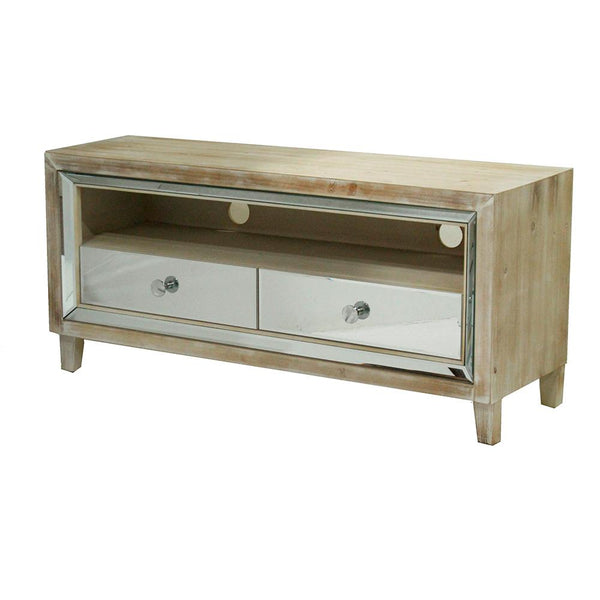 Stands White TV Stand - 47'.25" X 16" X 22" White Washed MDF, Wood, Mirrored Glass TV Stand with Mirrored Glass Drawers HomeRoots