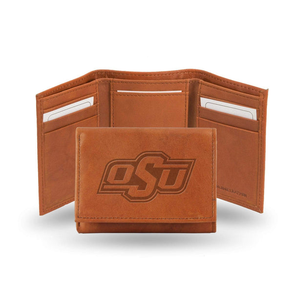 STR Tri-Fold (Pecan Cowhide) Front Pocket Wallet Oklahoma State Embossed Leather Trifold RICO