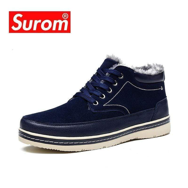 SUROM Luxury Brand Fashion Men's Winter Snow Boots Ankle Thick Plush Warm Lace Up Leather Causal Shoes Man AExp