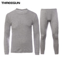THREEGUN 100% Cotton Winter Round Neck Warm Long Johns Set For Men Ultra-Soft Solid Color Thin Thermal Underwear Men's Pajamas
