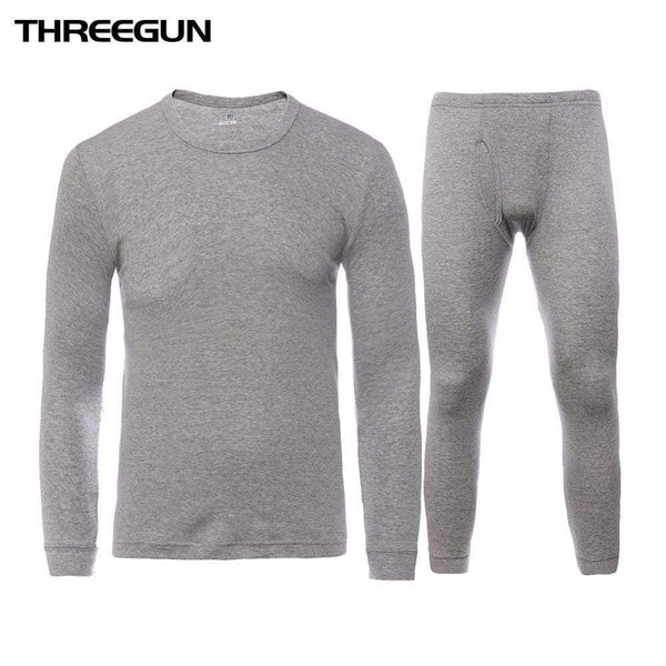 THREEGUN 100% Cotton Winter Round Neck Warm Long Johns Set For Men Ultra-Soft Solid Color Thin Thermal Underwear Men's Pajamas