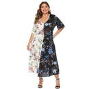 TIY Clothing Plus Size Women Color Blocking Flower Printed Short-sleeve Maxi Dress TIY
