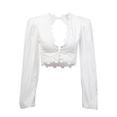 TIY Clothing Sexy V Neck Vintage Women Backless Flower Detailing Buttoned Long-sleeve Crop Top TIY