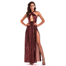 TIY Clothing Sexy Women Hollow Halter Design Solid Color Sequin Evening Party Maxi Dress TIY