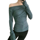 TIY Clothing Solid Color Off-shoulder Long-sleeve Pleated Stretchy Top TIY
