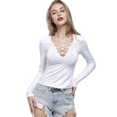 TIY Clothing Solid Color Simple Design Sexy Low-cut Lace-up Pattern Long Sleeves T-shirt TIY