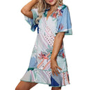 Summer Loose Pattern Flare Short Sleeve Multicolor Flower Print Flouncing Hem Dress