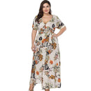 Summer New Design Plus Size Bohemian Style Floral Printed Short Sleeves Low Hemline Split Dress