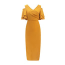 Unique Cool Shoulder Design Solid Color V Neck Flouncing Sleeves Dress