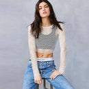 Unique Fishnet Design Solid Color Long-sleeve Women Crop Top