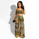 Vacation Style Women Loose Ethnic Print Cropped Camisole Lace-up Wide Leg Pants Two-piece Set