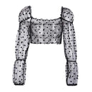 TIY Clothing Vintage Polka Dot Pattern See-through Mesh Long-sleeve Women Sexy Square Neck Blouse TIY