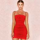 Women Sexy Spaghetti Strap Pleated Neon Color Fabric Mini Bodycon Dress