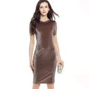 Women Shiny Top Grade Pleuche Round Neck Short Sleeves Solid Color Slimming Dress