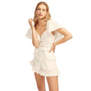 Women Solid Color Cotton Lace Hollow Design Lace-up Summer Wear Set