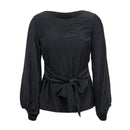 Women Solid Color Long-sleeve Casual Style Lace-up Blouse