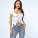 Women Solid Color Low-cut Lace-up Cap-sleeve Crop Top