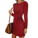 Women Solid Color Round Collar Long-sleeve Defined Waist Casual Dress