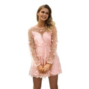 Women Sweet Pink Color Double Layer Lace Patchwork Long Sleeves Dating Dress