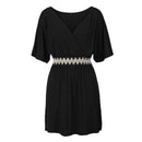 Women V Neck Short-sleeve Color Blocking Sash Design Casual Dress