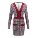 Women Vintage Plaid Pattern Long-sleeve V Neck Dress