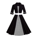 Women Vintage Style Stripes Pattern Lapel Collar Defined Waist Dress
