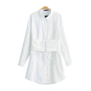 Women White Color Long-sleeve Belted Shirt Dress