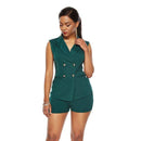 Work Women Classic Lapel Double-breasted Sleeveless Solid Color Top Shorts Suit Set