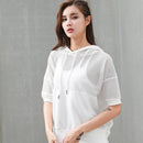 Women's Fashion Slim Sexy Loose Hollow Out Solid Color Hat Short Sleeves Sport Hoodie Top