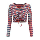 Women Sweet Bright Color Stripes Pattern Long Sleeves V Neck Knitted Crop Top