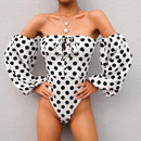 Women Vintage Polka Dot Print Off-shoulder Lace-up Design Bodysuits