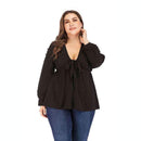 TIY Women Apparel Sexy V Neck Defined Waist Long-sleeve Solid Color Plus Size Blouse TIY