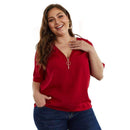 TIY Women Apparel Solid Color V Neck Zipper Pattern Plus Size Casual Short-sleeve Blouse TIY